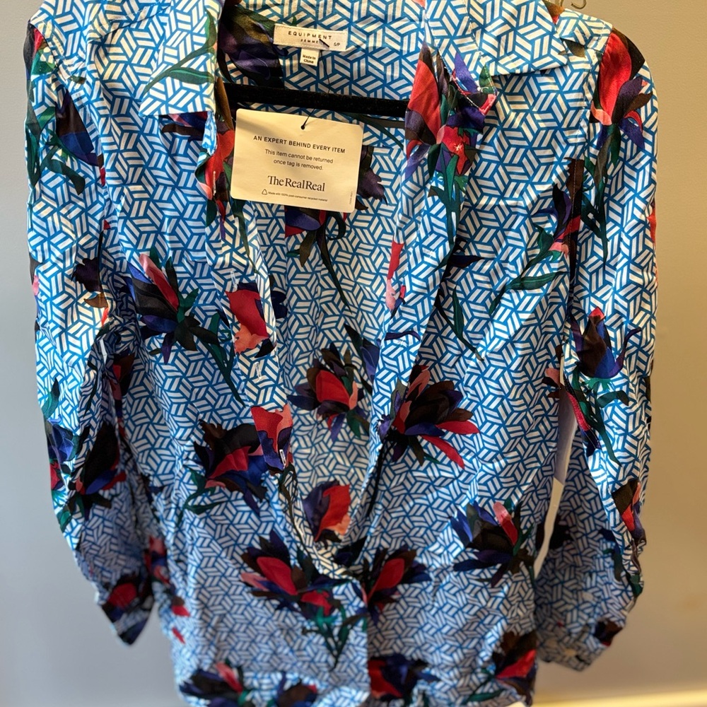 Equipment Blue and Red Patterned Blouse